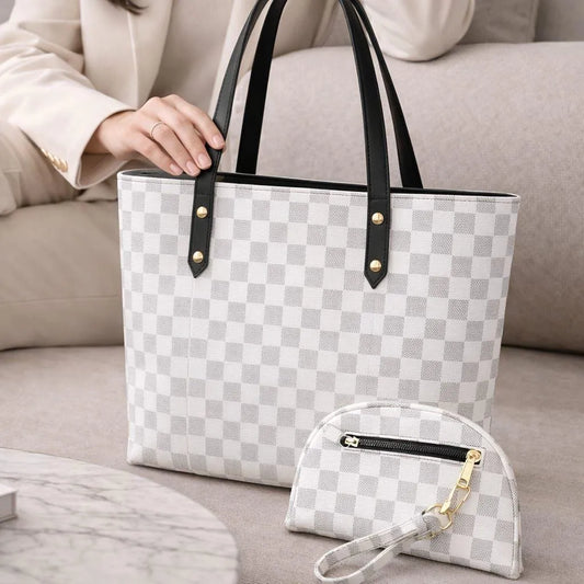 Women's White Checkered Leather Handbag Set 2 Pcs Top Handle