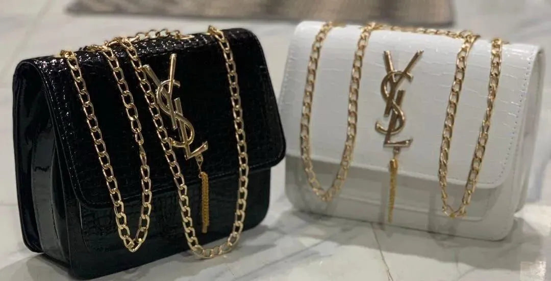White Croc Leather Handbag with Gold Chain Strap