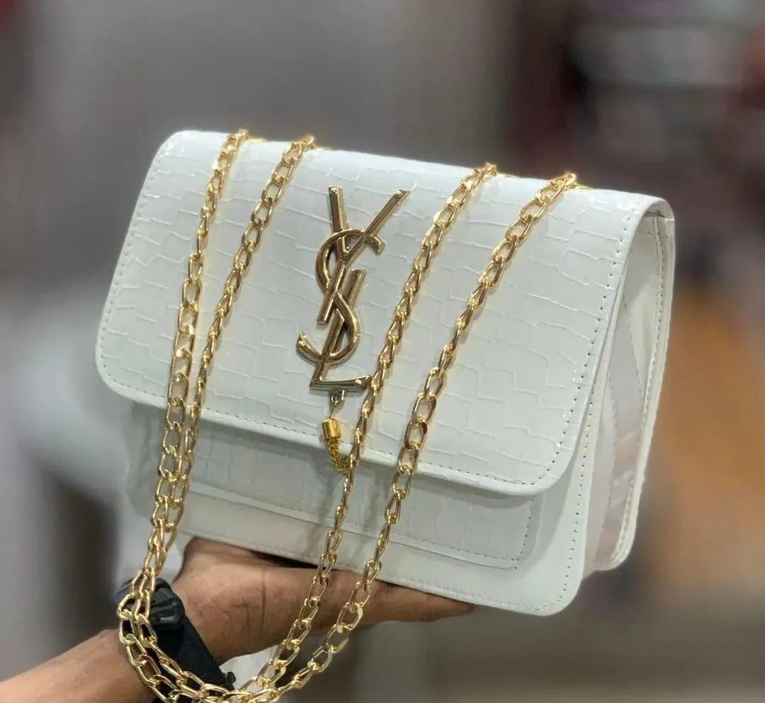 White Croc Leather Handbag with Gold Chain Strap
